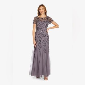 NWT Adrianna Papell beaded short sleeve gown in gray/silver